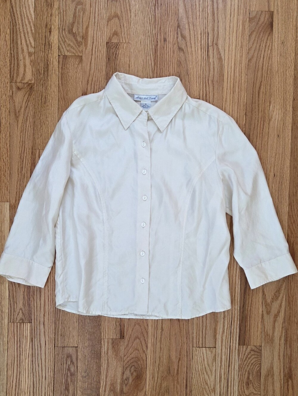 100% Silk Button Down Blouse Ivory Cream 3/4 Sleeve Medium Anna and Frank